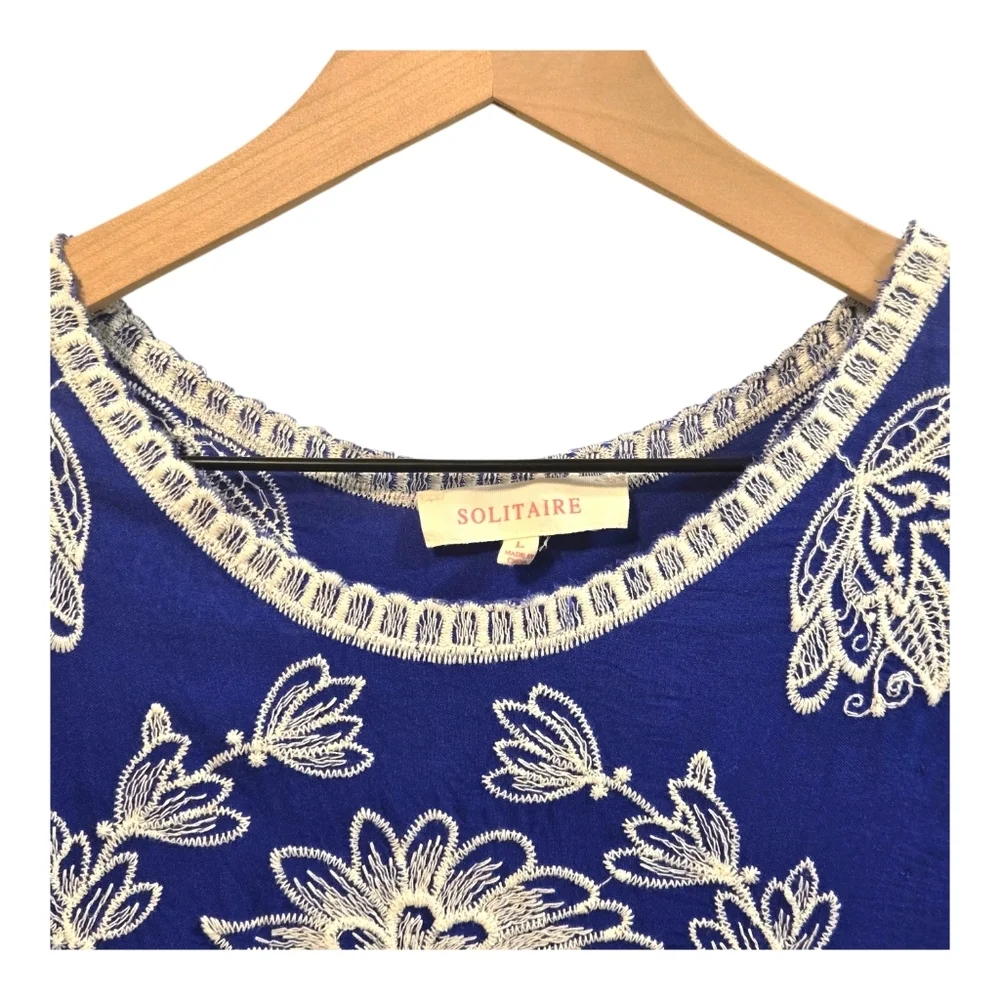 Solitaire Embroidered Floral Royal Cobalt Blue Boho 3/4 Sleeve Top Size Large - Picture 3 of 7